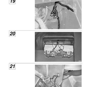May include: Diagram of connector positions with close-up views. The image shows three sections labeled 19, 20, and 21. Each section displays detailed views of electrical connectors, wires, and related components, with labels like G25, G5, G6, X13, and X12.
