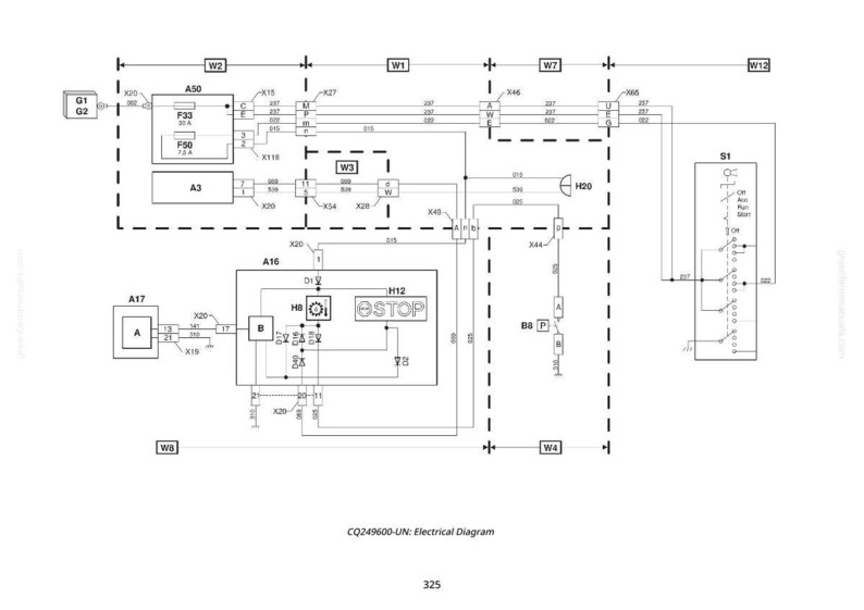 May include: A detailed electrical diagram with various components labeled with letters and numbers. The diagram includes boxes, lines, and symbols representing different parts of a system, with the text "eSTOP" visible. The diagram is labeled "CQ249600-UN: Electrical Diagram".