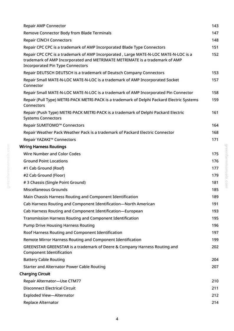May include: A page from a manual with a list of automotive repair topics, including connector types, wiring harness routings, and charging circuits. The text is in black font on a white background.