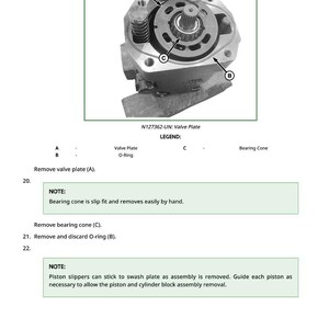 Puede incluir: Diagrama t&eacute;cnico de un conjunto de placa de v&aacute;lvula, etiquetado A, B y C. Se muestra una mano interactuando con el mecanismo. El texto en la parte inferior dice "N127362-UN: Valve Plate" e incluye una leyenda. Es una ilustraci&oacute;n t&eacute;cnica.