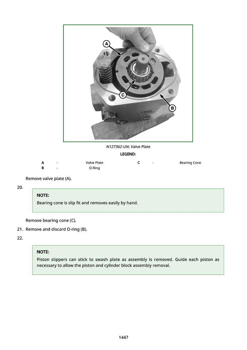 Puede incluir: Diagrama t&eacute;cnico de un conjunto de placa de v&aacute;lvula, etiquetado A, B y C. Se muestra una mano interactuando con el mecanismo. El texto en la parte inferior dice "N127362-UN: Valve Plate" e incluye una leyenda. Es una ilustraci&oacute;n t&eacute;cnica.