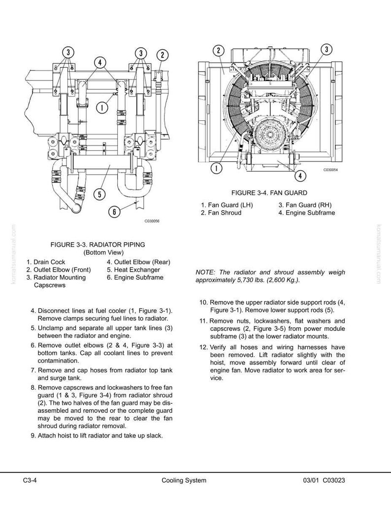 May include: Detailed diagram of a cooling system, including radiator piping and fan guard components. The image features labeled parts and a list of removal steps for maintenance. The radiator and shroud assembly weighs approximately 5,730 lbs.