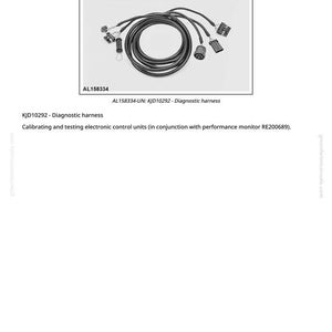 May include: A diagnostic harness, labeled KJD10292, with multiple connectors and a circular cable arrangement. The image includes the text "AL158334" and "AL158334-UN: KJD10292 - Diagnostic harness". The harness is used for calibrating and testing electronic control units.