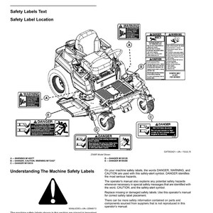 Puede incluir: Diagrama de un cortac&eacute;sped modelo Z540R con etiquetas de seguridad. Las etiquetas incluyen advertencias, peligros y precauciones, con un s&iacute;mbolo de alerta de seguridad. El texto explica el significado de las etiquetas y su ubicaci&oacute;n.