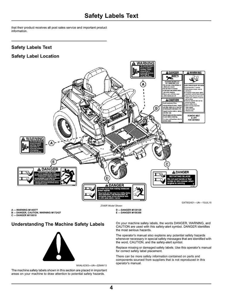 Puede incluir: Diagrama de un cortac&eacute;sped modelo Z540R con etiquetas de seguridad. Las etiquetas incluyen advertencias, peligros y precauciones, con un s&iacute;mbolo de alerta de seguridad. El texto explica el significado de las etiquetas y su ubicaci&oacute;n.