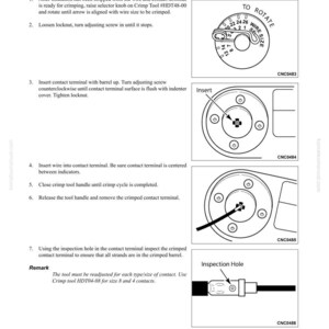 May include: Technical diagram showing the disassembly and assembly of a crimping contact terminal (DT Type). The image includes instructions with illustrations, including a rotating dial for wire size selection and an inspection hole.