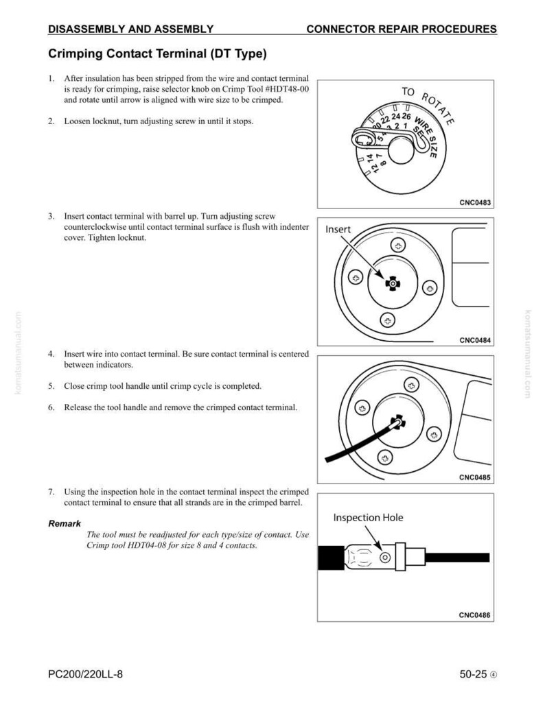 May include: Technical diagram showing the disassembly and assembly of a crimping contact terminal (DT Type). The image includes instructions with illustrations, including a rotating dial for wire size selection and an inspection hole.