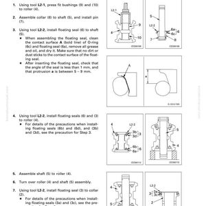 May include: Diagram of track roller assembly with labels and instructions. Includes illustrations of parts like bushings, collars, seals, and shafts. Text includes steps for assembly and tool references.