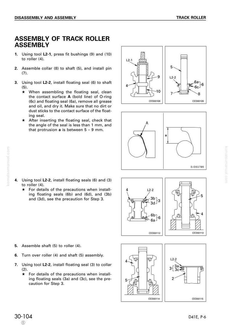 May include: Diagram of track roller assembly with labels and instructions. Includes illustrations of parts like bushings, collars, seals, and shafts. Text includes steps for assembly and tool references.