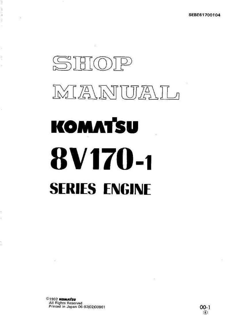 May include: A white page with the text "SHOP MANUAL" in a bold, outlined font. Below, the text "KOMATSU 8V170-1 SERIES ENGINE" is displayed in a bold, sans-serif font. The document is a shop manual.