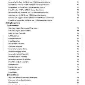 May include: A white page from a manual detailing instructions for a mower-conditioner. The text includes steps for cutterbar repair, disks and knives, and other components. Page numbers are listed on the right.