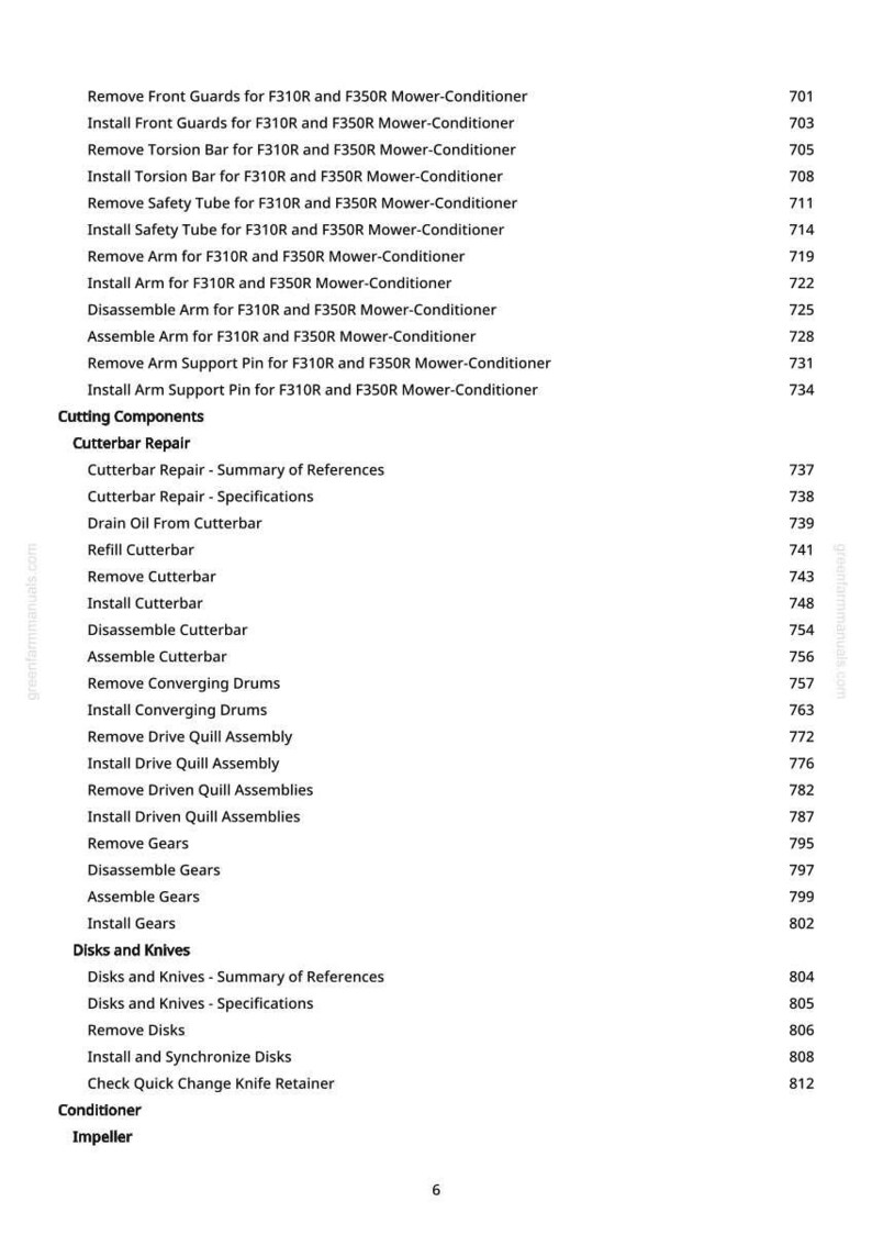 May include: A white page from a manual detailing instructions for a mower-conditioner. The text includes steps for cutterbar repair, disks and knives, and other components. Page numbers are listed on the right.