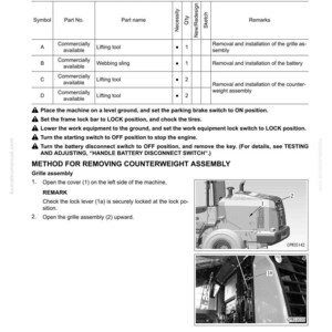 May include: A technical diagram detailing the removal and installation of a counterweight assembly. The document includes a parts list, diagrams, and step-by-step instructions for the procedure. The image also shows a machine.