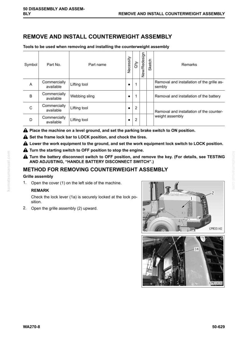 May include: A technical diagram detailing the removal and installation of a counterweight assembly. The document includes a parts list, diagrams, and step-by-step instructions for the procedure. The image also shows a machine.