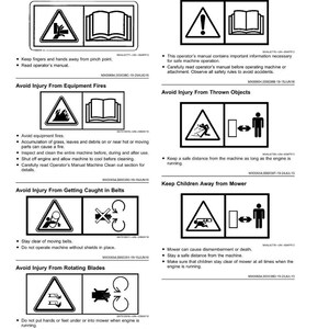K&ouml;nnte beinhalten: Ein Blatt mit Sicherheitshinweisen mit schwarz-wei&szlig;en Illustrationen und Text. Warnungen umfassen die Vermeidung von Verletzungen durch geladene Federn, Ger&auml;tebr&auml;nde, geworfene Gegenst&auml;nde, Riemen und rotierende Messer. Anweisungen raten auch zum Lesen der Bedienungsanleitung.