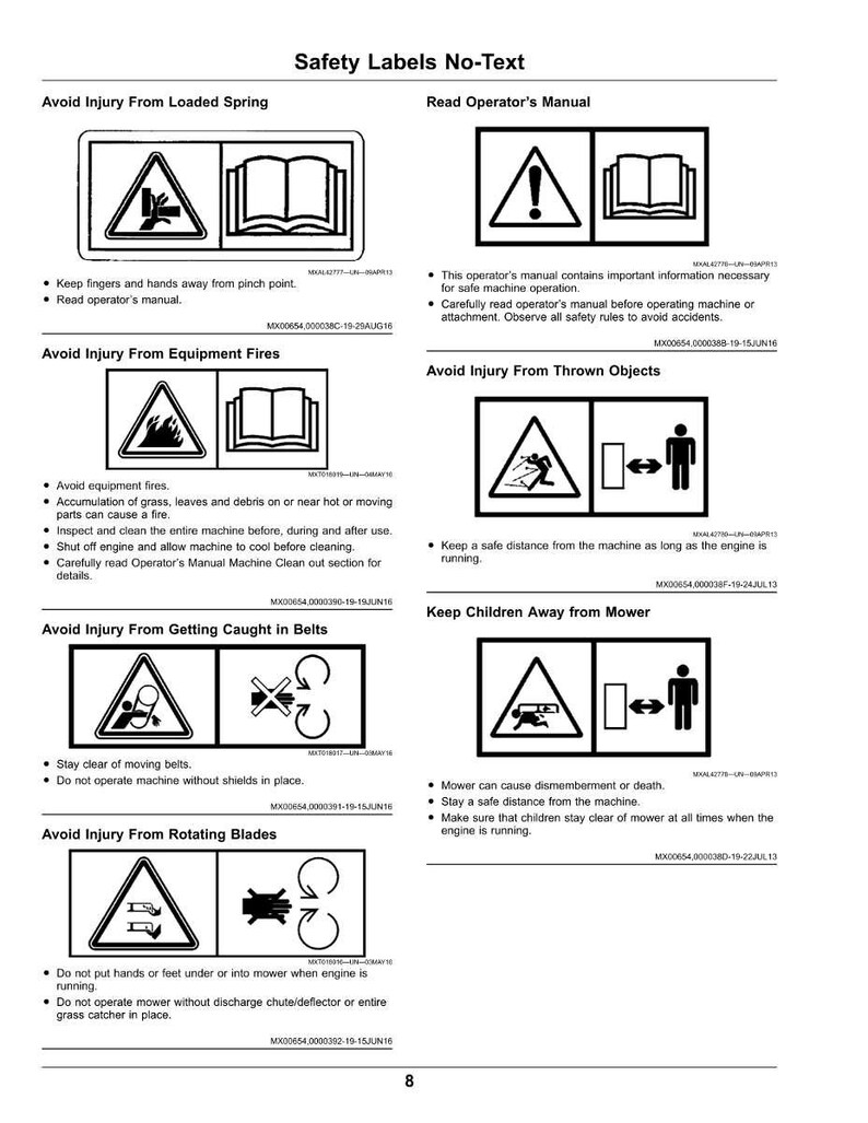 K&ouml;nnte beinhalten: Ein Blatt mit Sicherheitshinweisen mit schwarz-wei&szlig;en Illustrationen und Text. Warnungen umfassen die Vermeidung von Verletzungen durch geladene Federn, Ger&auml;tebr&auml;nde, geworfene Gegenst&auml;nde, Riemen und rotierende Messer. Anweisungen raten auch zum Lesen der Bedienungsanleitung.