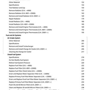 May include: A manual page with a table of contents for engine repair and maintenance. The text includes sections on cooling, fuel, air systems, and diesel fuel systems. Page numbers are listed on the right.