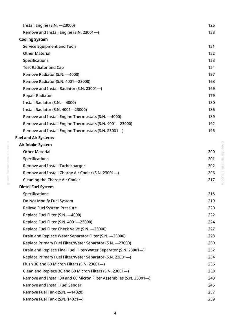 May include: A manual page with a table of contents for engine repair and maintenance. The text includes sections on cooling, fuel, air systems, and diesel fuel systems. Page numbers are listed on the right.