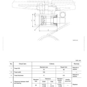 Pu&ograve; includere: Diagramma tecnico di un rullo portante (senza flangia) per un trasportatore a nastro per terreno. Il diagramma include misure in millimetri, con una tabella che dettaglia gli elementi di controllo, i criteri e i rimedi. Il testo include "Struttura, Funzione e Standard di Manutenzione."