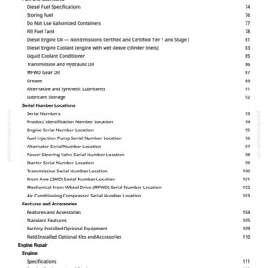 Puede incluir: Una p&aacute;gina blanca de un manual con una tabla de contenidos. El texto incluye temas como combustible, lubricantes, ubicaciones de n&uacute;meros de serie y reparaci&oacute;n del motor. Los n&uacute;meros de p&aacute;gina est&aacute;n listados.