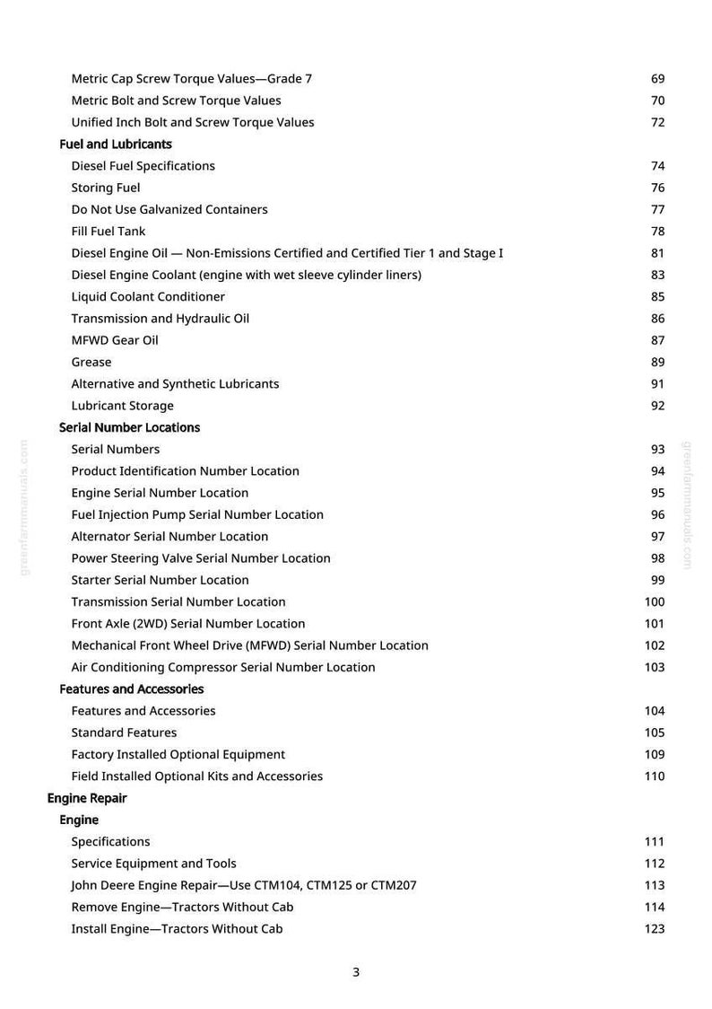 Puede incluir: Una p&aacute;gina blanca de un manual con una tabla de contenidos. El texto incluye temas como combustible, lubricantes, ubicaciones de n&uacute;meros de serie y reparaci&oacute;n del motor. Los n&uacute;meros de p&aacute;gina est&aacute;n listados.