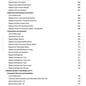 May include: A page from a manual with a list of tractor repair procedures. The text includes items like "Replace Transmission Control Lever Module" and "Replace Refrigerator". The page number is 9.