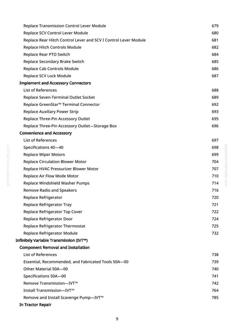 May include: A page from a manual with a list of tractor repair procedures. The text includes items like "Replace Transmission Control Lever Module" and "Replace Refrigerator". The page number is 9.