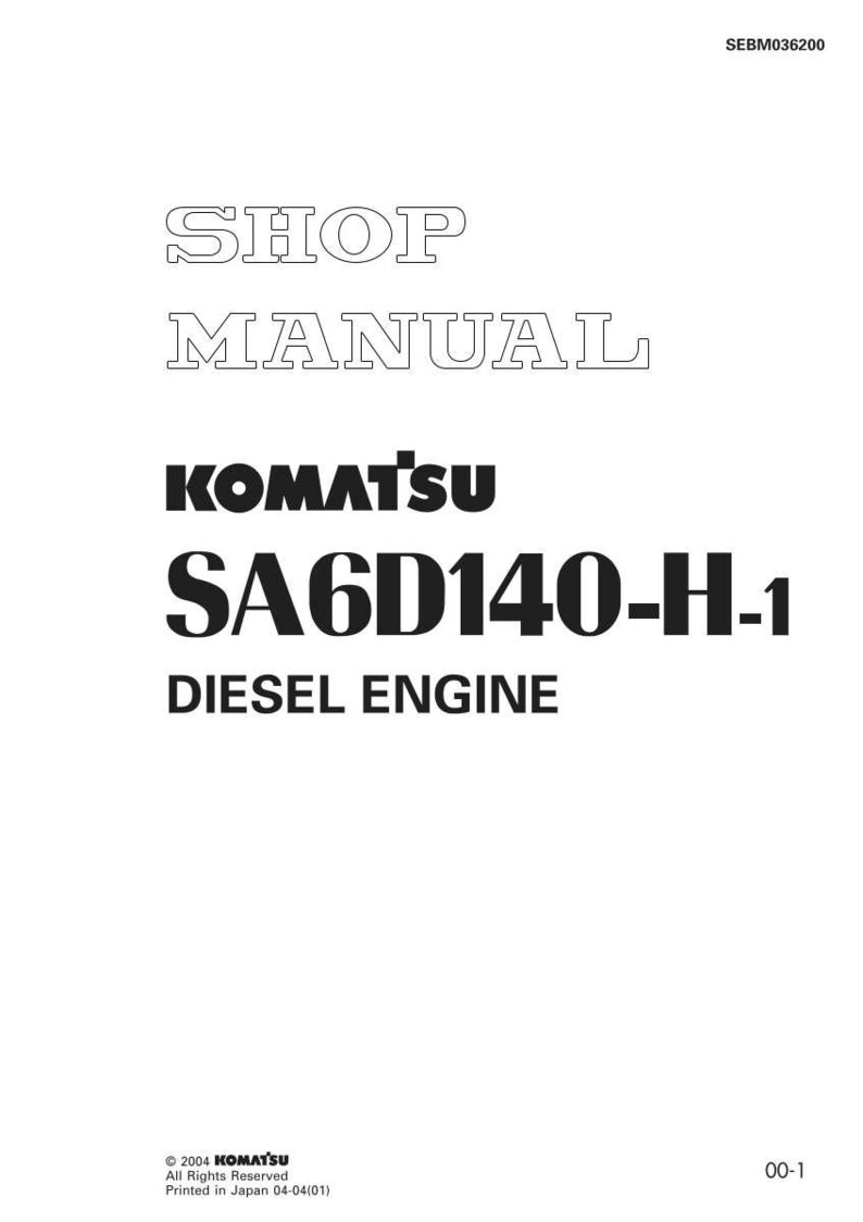 K&ouml;nnte beinhalten: Ein wei&szlig;er Handbucheinband mit dem Text "SHOP MANUAL" in umrissener Schrift. Darunter sind das KOMATSU-Logo und "SA6D140-H-1 DIESEL ENGINE" in Schwarz gedruckt. Der untere Teil des Einbands enth&auml;lt Urheberrechtsinformationen.