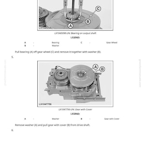 May include: Diagram of mechanical components, including a bearing, washer, and gear wheel. The image includes labels A, B, and C, and text indicating the removal of parts. The text reads "LX1045098-UN: Bearing on output shaft" and "LX1047756-UN: Gear with Cover."