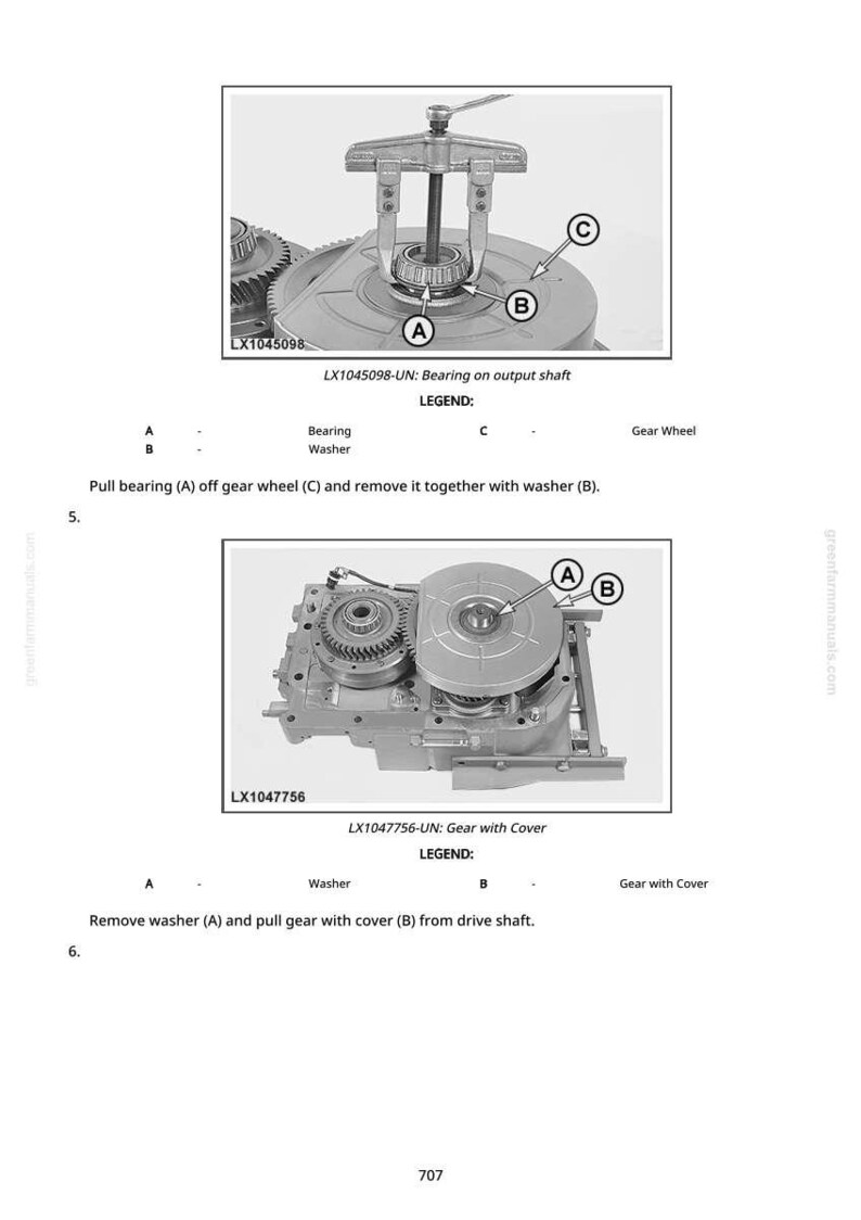 May include: Diagram of mechanical components, including a bearing, washer, and gear wheel. The image includes labels A, B, and C, and text indicating the removal of parts. The text reads "LX1045098-UN: Bearing on output shaft" and "LX1047756-UN: Gear with Cover."