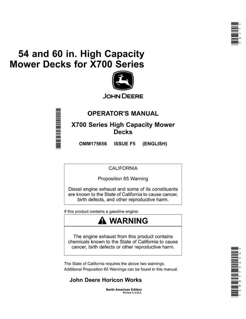 May include: A white operator's manual for X700 Series High Capacity Mower Decks. The manual includes warnings about diesel engine exhaust and gasoline engine exhaust. The John Deere logo is visible.