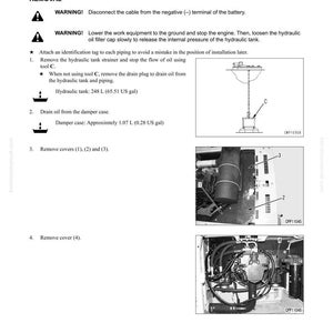 Pode incluir: Diagrama das instru&ccedil;&otilde;es de remo&ccedil;&atilde;o do conjunto da bomba hidr&aacute;ulica. Inclui avisos, etapas para drenar o &oacute;leo e remover as tampas. O reservat&oacute;rio hidr&aacute;ulico tem capacidade para 248 litros.