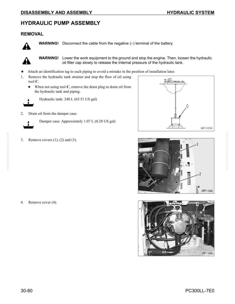 Pode incluir: Diagrama das instru&ccedil;&otilde;es de remo&ccedil;&atilde;o do conjunto da bomba hidr&aacute;ulica. Inclui avisos, etapas para drenar o &oacute;leo e remover as tampas. O reservat&oacute;rio hidr&aacute;ulico tem capacidade para 248 litros.