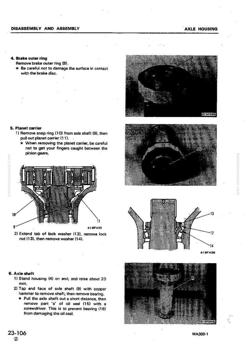May include: Technical diagram from a manual showing axle housing disassembly and assembly instructions. Includes detailed illustrations of brake outer ring, planet carrier, and axle shaft components with labels and part numbers.