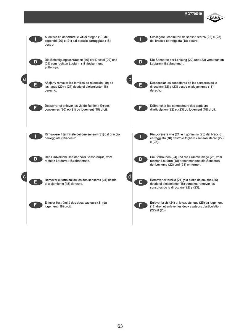 May include: A technical diagram with numbered steps and illustrations for a mechanical process. The image includes text in multiple languages, with a DANA logo in the upper right corner.