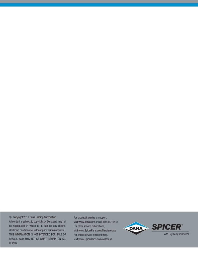 May include: A white background with a blue stripe at the top. The bottom of the image has a gray bar with the Dana and Spicer logos and text about copyright and product inquiries.