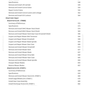 Pode incluir: Uma p&aacute;gina de manual com o t&iacute;tulo "Reparo Hidr&aacute;ulico" e uma lista de procedimentos de reparo, incluindo "Remover e Instalar Cilindro de Eleva&ccedil;&atilde;o" e "Remover e Instalar V&aacute;lvula de Controle". A p&aacute;gina tamb&eacute;m lista procedimentos de "Reparo de Acess&oacute;rios".