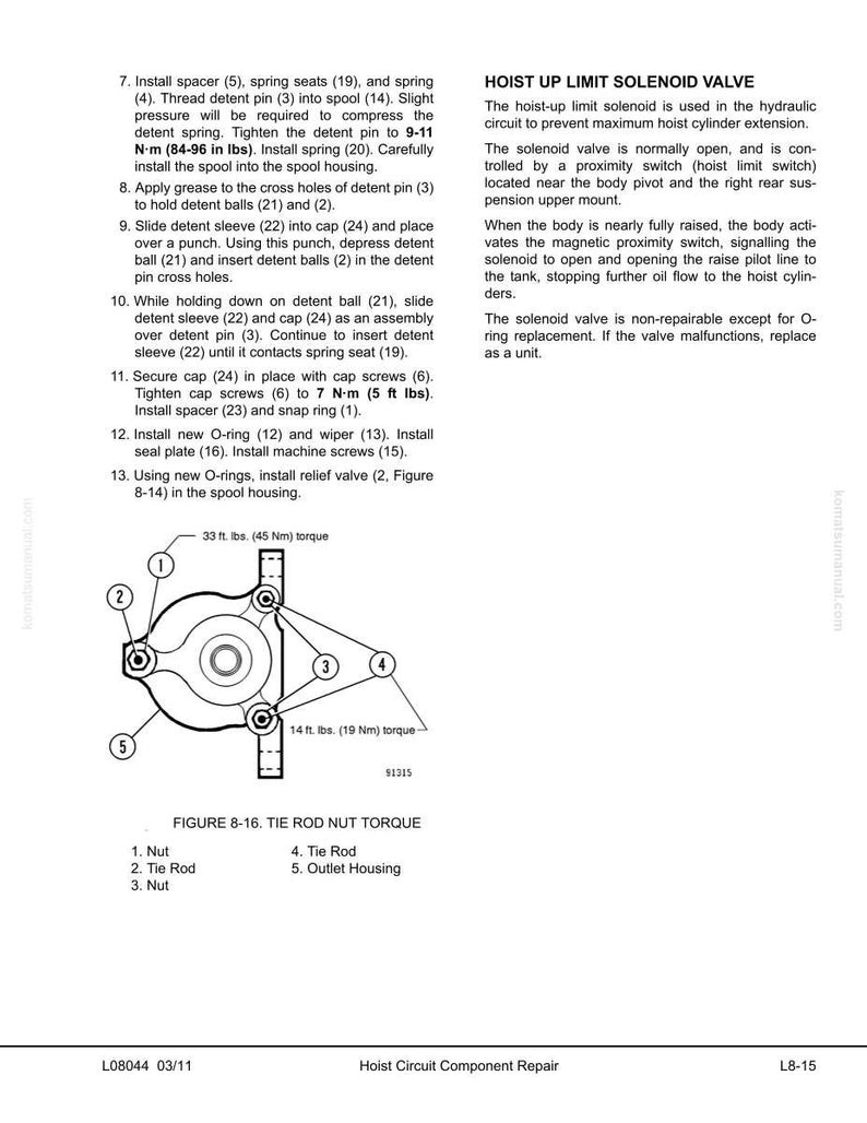 May include: Diagram of a tie rod nut torque, with callouts for nut, tie rod, and outlet housing. Includes torque specifications in foot-pounds and Newton-meters. Also includes text about a hoist up limit solenoid valve.