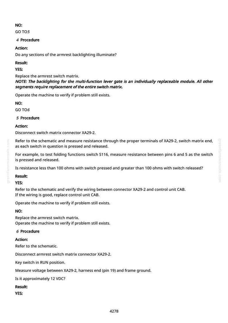 May include: A white page with technical instructions, including procedures, actions, and results. The text details steps for troubleshooting and repairing a machine's armrest backlighting and switch matrix. The document includes measurements in ohms and voltage.