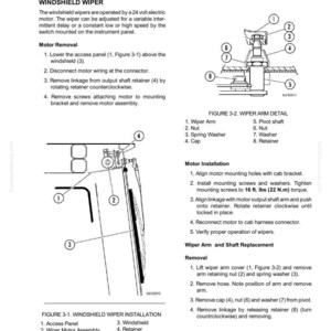 May include: Diagrams and instructions for windshield wiper components, including motor removal and wiper arm details. The image includes labeled diagrams and text descriptions for installation and removal procedures.