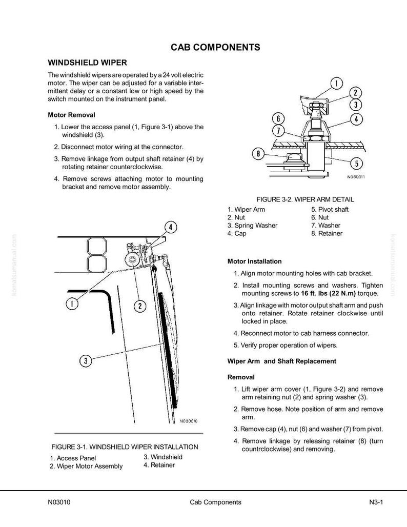 May include: Diagrams and instructions for windshield wiper components, including motor removal and wiper arm details. The image includes labeled diagrams and text descriptions for installation and removal procedures.