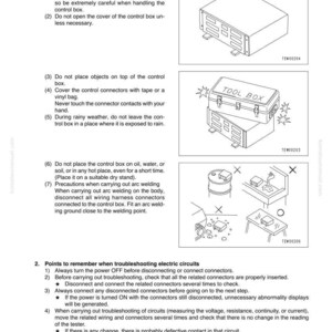May include: Diagram illustrating troubleshooting steps for a control box, featuring a toolbox and other components. Text provides instructions on handling the control box and troubleshooting electrical circuits. The document is labelled "Troubleshooting."