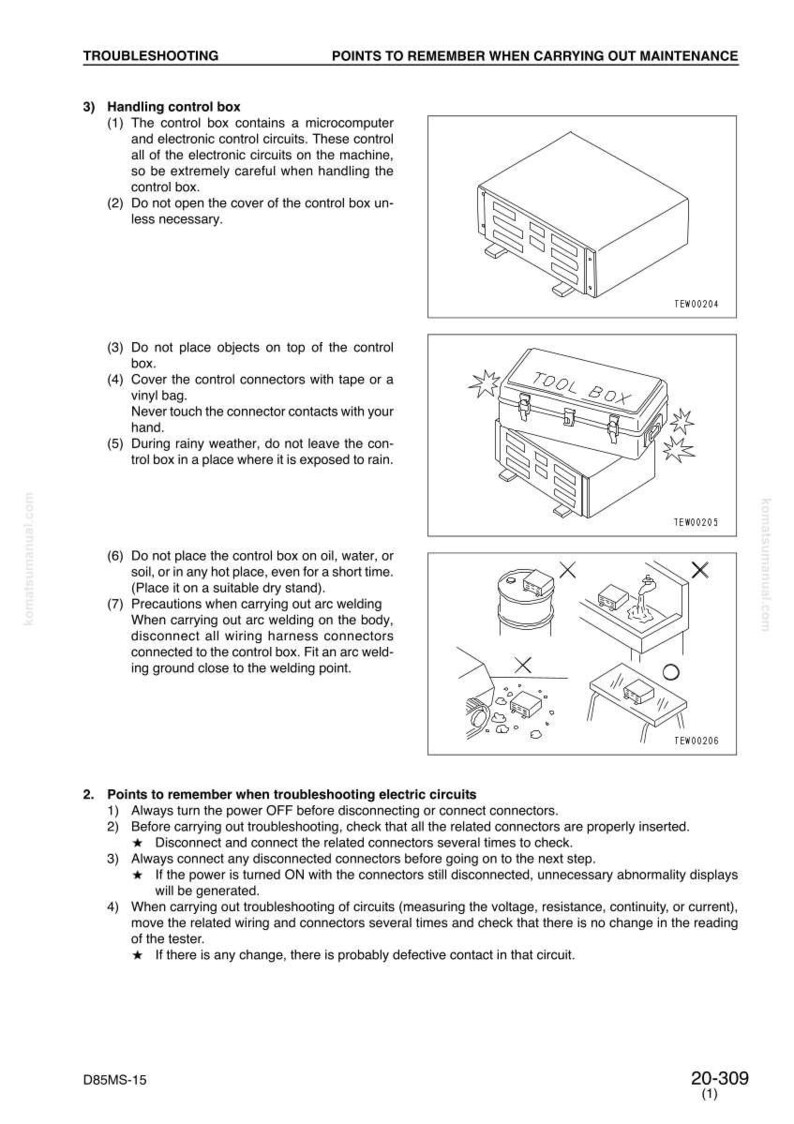 May include: Diagram illustrating troubleshooting steps for a control box, featuring a toolbox and other components. Text provides instructions on handling the control box and troubleshooting electrical circuits. The document is labelled "Troubleshooting."