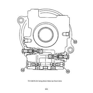 Puede incluir: Dibujo t&eacute;cnico de un componente mec&aacute;nico, probablemente una v&aacute;lvula, con m&uacute;ltiples elementos circulares y rectangulares. El texto "TX1128670" y "TX1128670-UN: Swing Motor Make-Up Check Valve" es visible. Los n&uacute;meros 52 y 53 tambi&eacute;n est&aacute;n presentes.