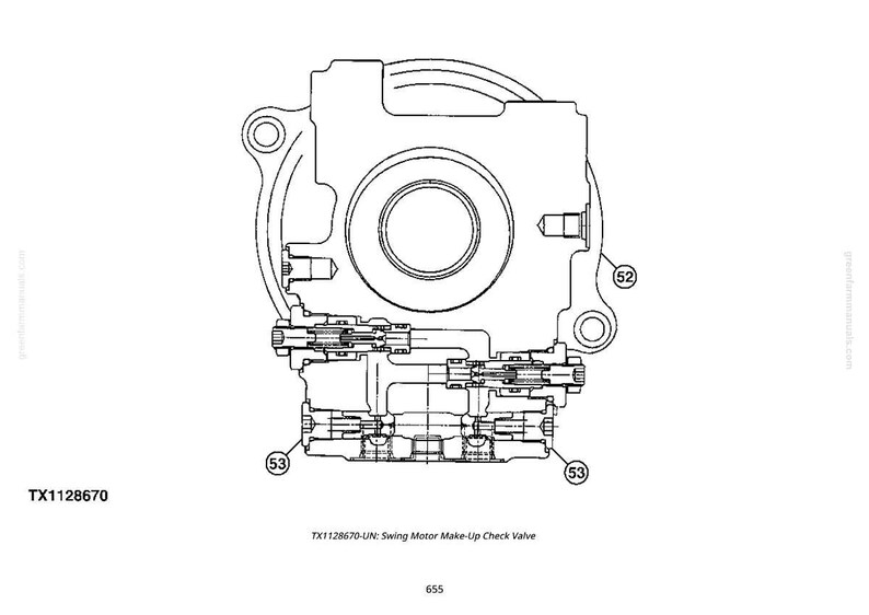 Puede incluir: Dibujo t&eacute;cnico de un componente mec&aacute;nico, probablemente una v&aacute;lvula, con m&uacute;ltiples elementos circulares y rectangulares. El texto "TX1128670" y "TX1128670-UN: Swing Motor Make-Up Check Valve" es visible. Los n&uacute;meros 52 y 53 tambi&eacute;n est&aacute;n presentes.