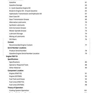 May include: A page from a manual with a white background, featuring a table of contents. The text includes sections on "Gasoline", "Engine Oil", "Fuel Lines", and "Cooling System Operation". Page numbers are on the right.