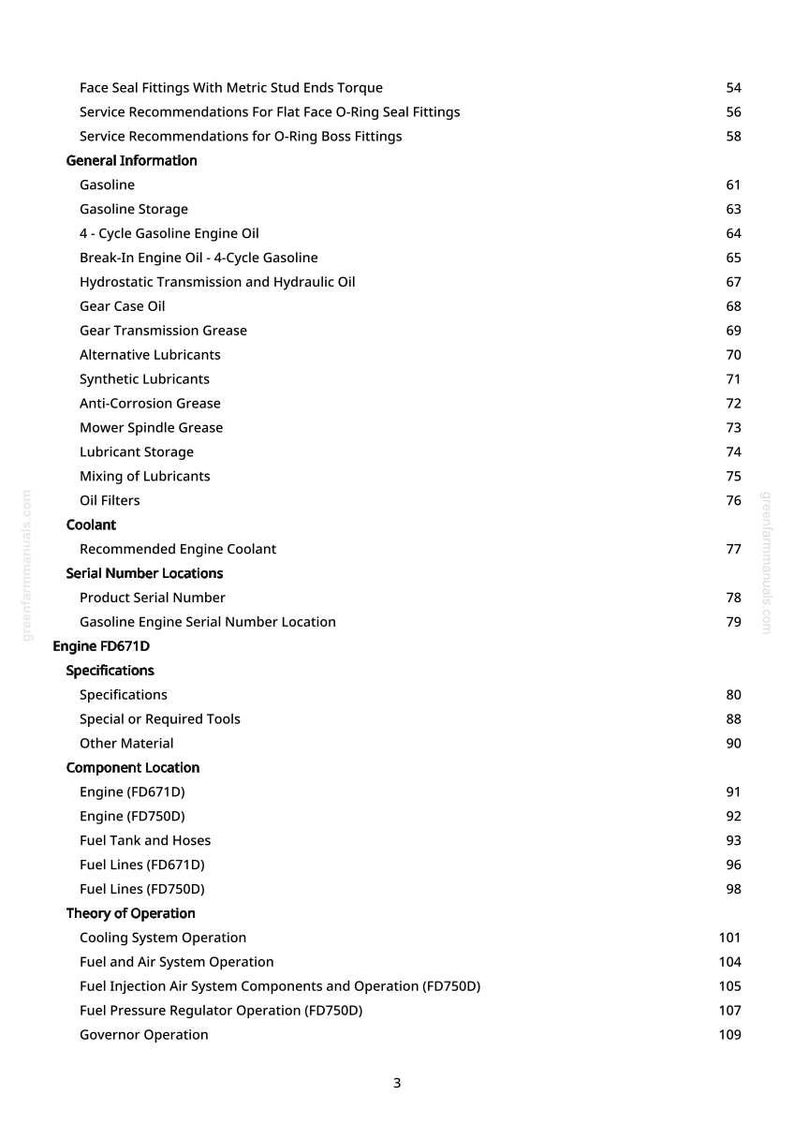 May include: A page from a manual with a white background, featuring a table of contents. The text includes sections on "Gasoline", "Engine Oil", "Fuel Lines", and "Cooling System Operation". Page numbers are on the right.