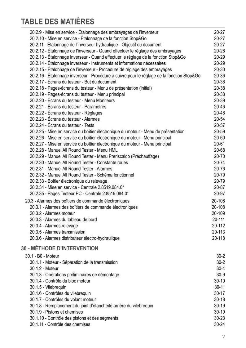 Puede incluir: Un detallado &iacute;ndice en franc&eacute;s, titulado "TABLE DES MATI&Egrave;RES", enumera varios procedimientos y temas t&eacute;cnicos, incluyendo diagn&oacute;sticos de motor y sistemas de control electr&oacute;nico, con los n&uacute;meros de p&aacute;gina correspondientes.