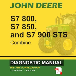Op de afbeelding: Een digitaal diagnosehandboek voor John Deere S7 800, S7 850 en S7 900 STS maaidorsers. De omslag heeft een gele achtergrond met groene tekst, een afbeelding van een groene John Deere tractor en een rood PDF-downloadpictogram.