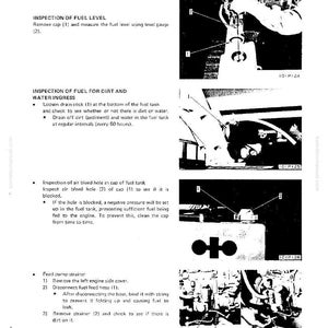 May include: Diagram illustrating a fuel system with labels and instructions for inspection and maintenance. Includes close-up images of components such as the fuel level gauge, drain cock, and air bleed hole. Text details steps for removing parts and checking for dirt.